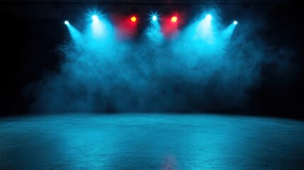 Vibrant stage lights illuminate a smoky backdrop, creating a dramatic atmosphere ideal for concerts, theater productions, or creative performances of various kinds.