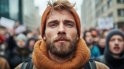 Fototapeta premium A focused young man with a winter hat stands amidst a passionate crowd at a protest, reflecting determination and resilience while advocating for change in a modern urban setting.