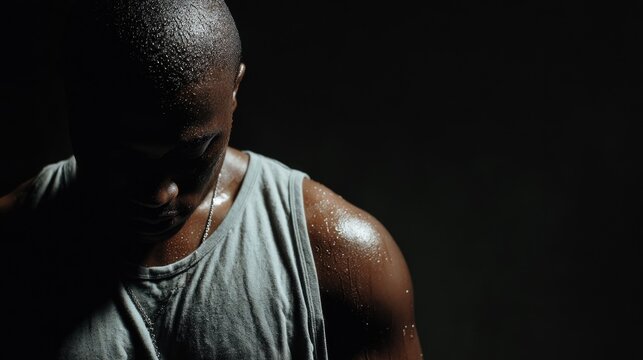 Sportsman with muscular shoulder glistening with sweat after workout. Physical strength, determination. Hard work. Dark black background. Fitness, health, athleticism. African American man.