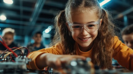 A smiling young girl with glasses enthusiastically participates in a STEM education activity, meticulously working on a project and showcasing creativity and curiosity in a vibrant environment.