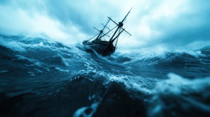 Obraz premium A dramatic scene of a ship struggling against violent ocean waves. The cloudy atmosphere adds intensity, embodying the battle between man and nature's might.