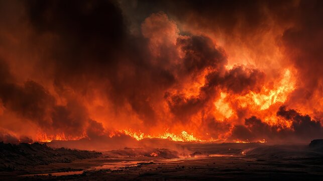 Intense wildfire disaster landscape photography with smoke and flames burning in the horizon view 4k hdr 100