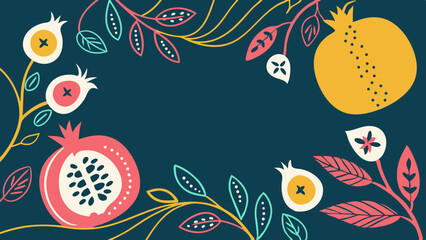 flat vector pomegranate and floral illustration on dark teal background