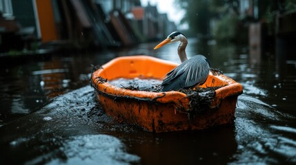Obraz premium A heron perched in an abandoned orange boat, creating a captivating and serene scene amid a rain-soaked urban canal setting showcasing nature’s resilience.