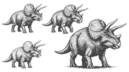 Engraved Triceratops dinosaur vintage horned herbivore creature detailed bold classic graphic ancient illustration © Gabut Stock