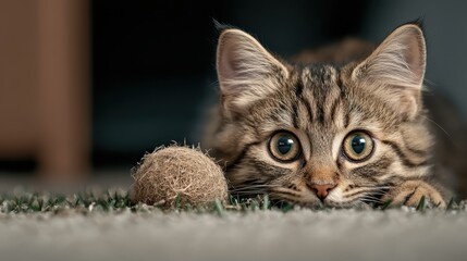 A curious kitten gazes at a playful yarn ball, capturing the essence of innocence, playfulness, and the adorable nature of pets that bring joy into our lives.