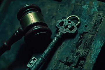 Antique key and gavel on a weathered surface