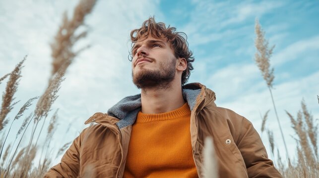 A young man gazes upward in a field, surrounded by tall grasses and a clear blue sky, reflecting a sense of peace and connection to the natural world around him.