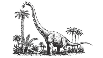 Engraved Brachiosaurus dinosaur vintage giant herbivore long neck detailed bold classic graphic illustration © Gabut Stock