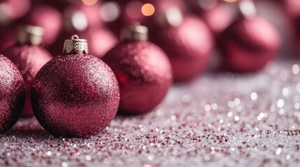 Fototapeta premium A collection of shimmering red Christmas ornaments scattered over sparkling glitter, capturing the festive spirit and warmth of the holiday season.