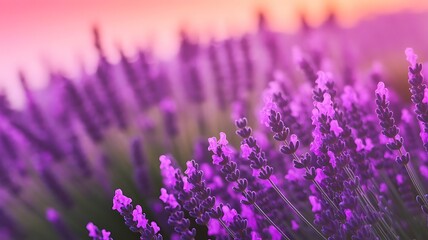 Naklejka premium Early morning fog rolls across a blooming lavender field under a sky tinted with soft pink and orange hues. A scene of serene beauty and tranquility.