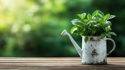 This image features a rustic watering can overflowing with healthy green plants, symbolizing growth, nurturing, and the beauty of nature in everyday life.