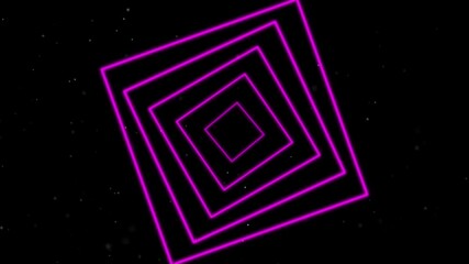 Video animation of a square tunnel, pink purple neon geometry, glowing hypnotic twist background. Looping Motion of colorful squares spiral rotating on starry galaxy, black banner - Powered by Adobe
