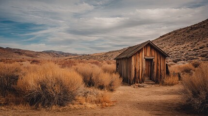 Explore scenic desert landscape with old wooden cabin and dry grass under cloudy sky for travel photography