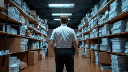 A person stands in a room overwhelmed by stacks of paperwork, highlighting the challenges of organization and the impact of administrative tasks on daily life.