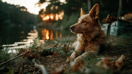 Naklejka premium A stunning image of a dog resting peacefully by the water as the sun sets, capturing the beauty of nature and the bond between pets and their environments.
