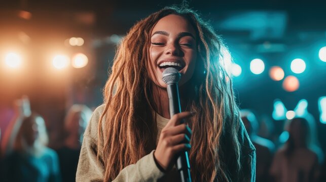 A delightful moment captured of a smiling singer holding a microphone, immersing herself in the joy of performance at a lively musical venue, radiating energy and enthusiasm.