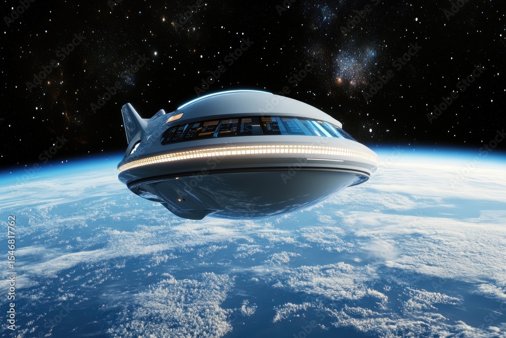 Poster futuristic spaceship orbits earth showcasing advanced technology and breathtaking view of outer spac