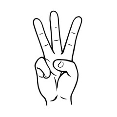 Fototapeta premium Simple Black Outline Drawing of Hand Showing Number Three Gesture on White Background - Count Three Fingers Symbol - Hand-Drawn Numeric Sign - Minimal Line Art Illustration for Educational or Counting