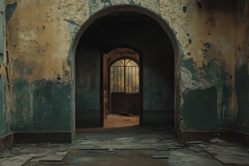 Empty archway leading to a faded room with peeling paint and a barred window in a deserted building, Empty archway