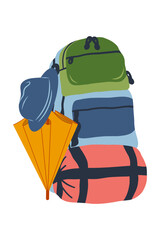 Travel backpack illustration. Hiking gear. Leisure. Equipped backpack for mountain hiking. Vector illustration.