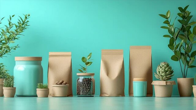 Eco-friendly packaging and plants on teal background