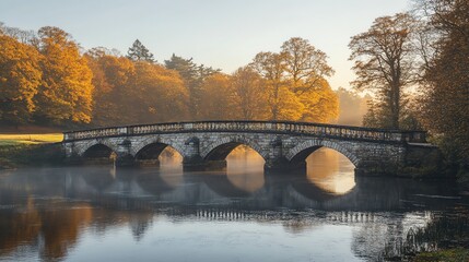 Obraz premium Stone Bridge Over Calm River Surrounded by Autumn Foliage During Sunrise