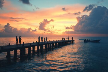 Fototapeta premium People enjoying a peaceful evening sunset by a pier with fishing boats on calm waters, Tranquil lifestyle evening sunset scene of people relax and fishing on pier