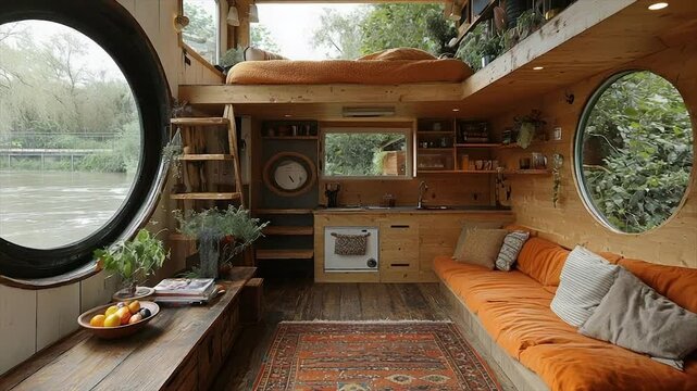 Cozy wooden boat house interior with loft bed, circular windows, and river view