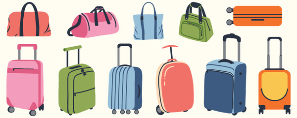 Vector set of suitcases. Luggage on wheels for traveling. Modern suitcases with handle. Backpack for traveler. Vacation bags. Flat vector illustration isolated on white background.