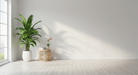 Modern Minimalist Living Space with Green Plant and Natural Light