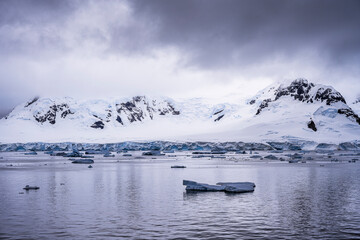 Beautiful paradise harbor in Antarctica under overcast sky