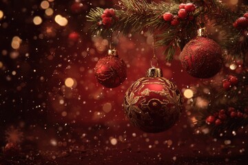 Red Christmas Ornaments Hanging on Pine Branches with Glittering Background and Festive Berries, Concept of Holiday Decor and Seasonal Celebrations