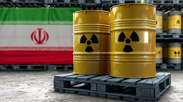 Nuclear waste barrels with radiation symbols and Iranian flag background industrial storage
