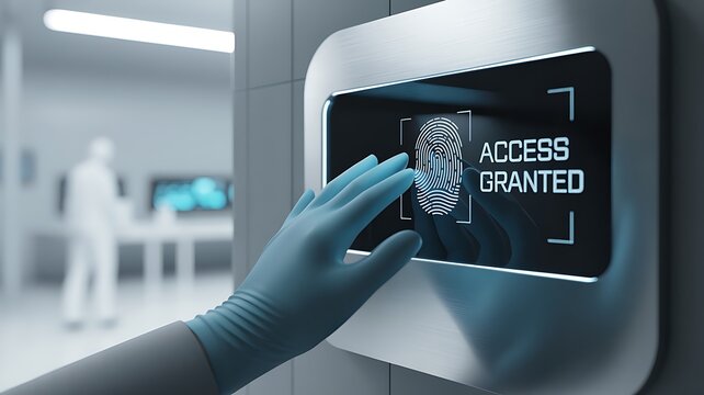 Gloved hand scans fingerprint on futuristic access control panel - Powered by Adobe