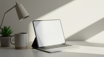 Fototapeta premium Modern Workspace with Laptop, Lamp, Plant, and Cup in Soft Light