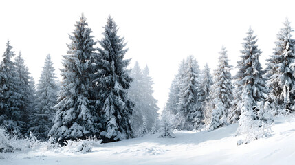 Majestic winter snow covered pine trees forest landscape icy cold view on transparent background
