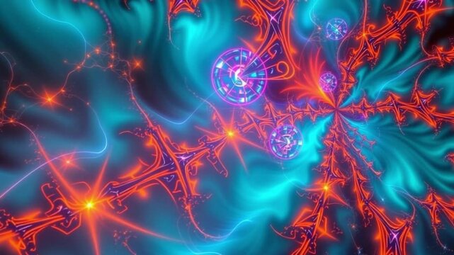 Abstract Fractal Art Vibrant Teal and Crimson Energy Flowing Through Intricate Patterns