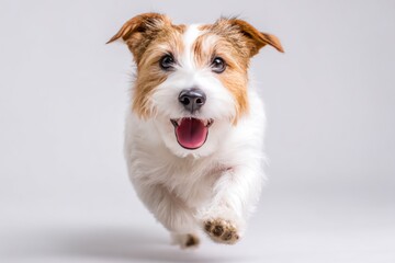 Energetic Dog Running Forward with Happy Expression, Jack Russell Terrier on White Background, Looking at Camera, Concept of Pet Care, Animal Photography, Canine Enthusiasts