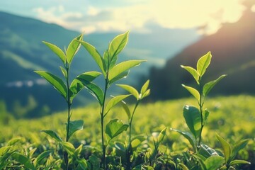 Tea leaves tree plant thriving in lush green field under sunlight, tea leaves tree plant on field Photo background ing