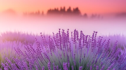 Naklejka premium Early morning fog rolls across a blooming lavender field under a sky tinted with soft pink and orange hues. A scene of serene beauty and tranquility.