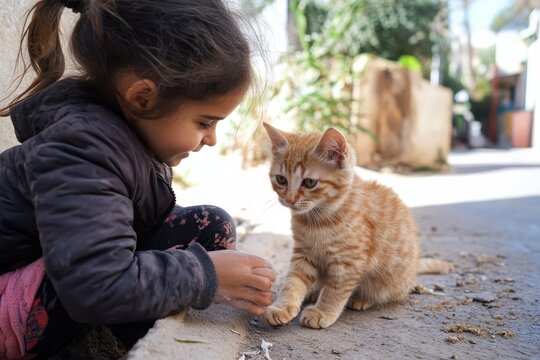 Cute girl gently pets a disabled cat on a sunny street in a quiet neighborhood, Cute kid girl pats strokes a homeless disabled cat without one paw in Paphos Cyprus