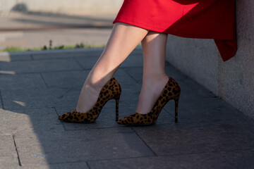 Stylish woman in red dress and leopard print heels walking on city street