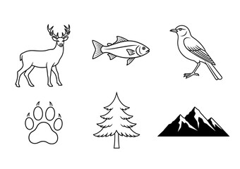 Fototapeta premium Vector outlined deer fish bird paw print tree and mountain range illustration wildlife and nature icons set