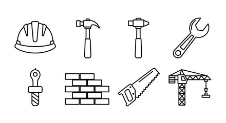 Fototapeta premium Vector outlined construction tools and building equipment icons displayed in a white presentation view format