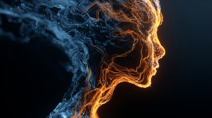 Abstract digital human head profile concept art with blue and orange glowing particles design art 3d