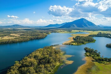 Aerial view showcasing Lake Moogerah and its tranquil surroundings on a sunny day, Aerial view of Lake Moogerah and surrounding beautiful landscape in Queensland