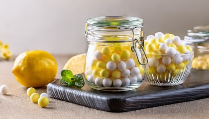 yellow white baiser drops served in glass jar with lemon