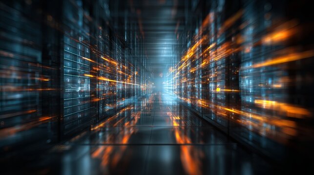 Futuristic server room data center with orange and blue lights technology and data storage concept