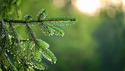wet spruce tree close up shoot macro on blur green background